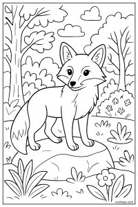 Realistic Fox Standing on a Rock in a Forest Coloring Page