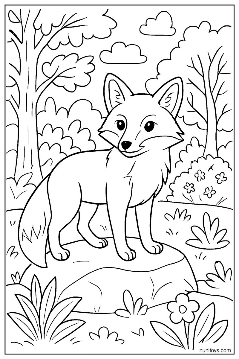 Realistic Fox Standing on a Rock in a Forest Coloring Page