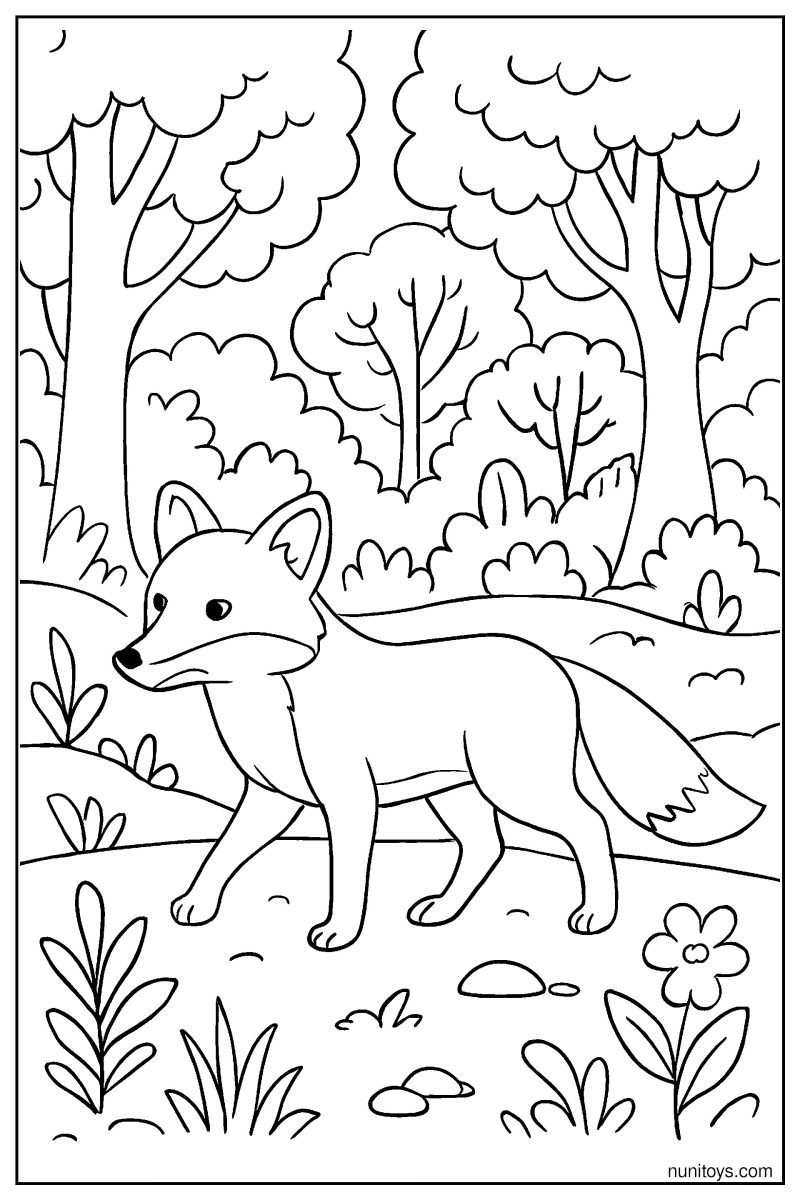 Realistic Fox Walking Through a Forest Coloring Page