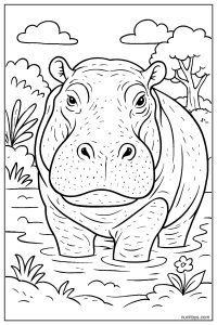 Realistic Hippo Close-Up Coloring Page with Texture