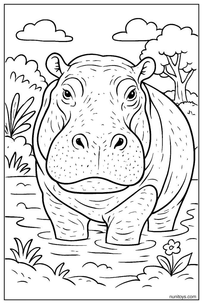 Realistic Hippo Close-Up Coloring Page with Texture
