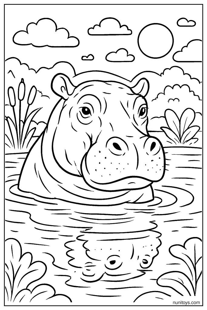 Realistic Hippo Emerging from Water Coloring Page
