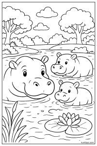Realistic Hippo Family by a River Scene Coloring Page