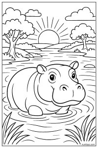 Realistic Hippo in a Sunset River Scene Coloring Page