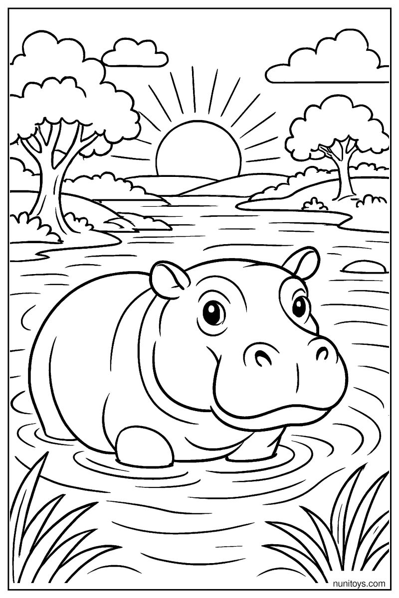 Realistic Hippo in a Sunset River Scene Coloring Page