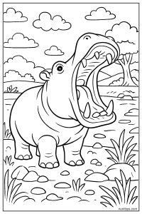 Realistic Hippo Opening Mouth Wide Coloring Page