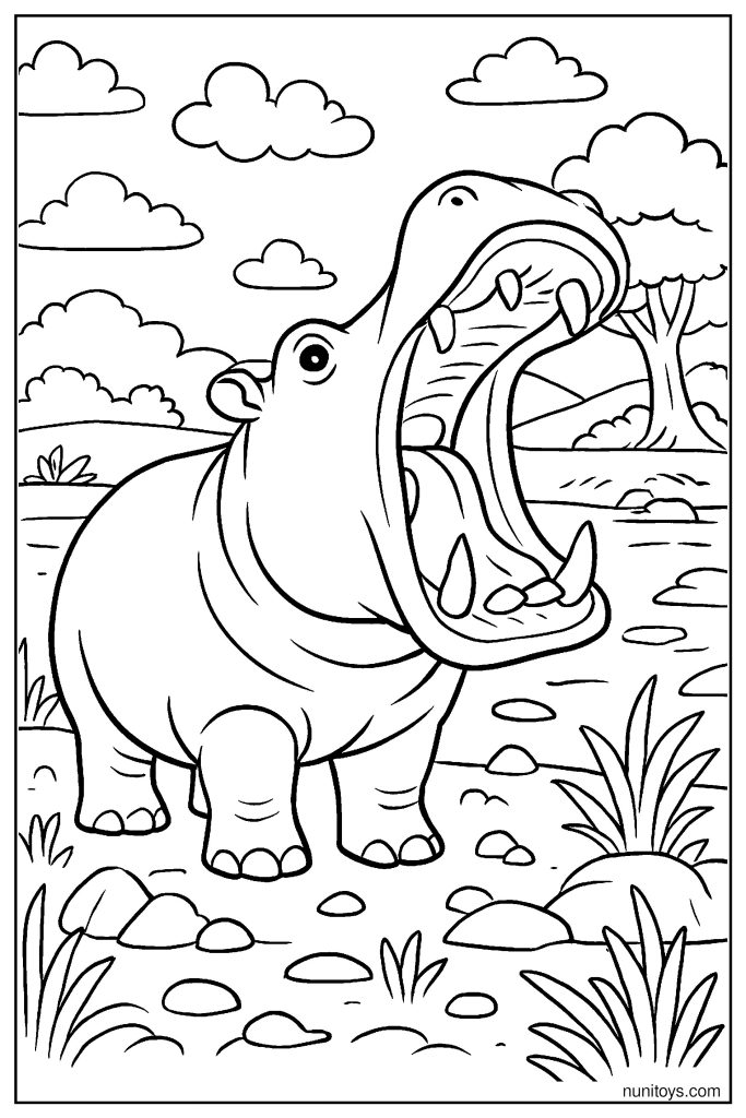 Realistic Hippo Opening Mouth Wide Coloring Page