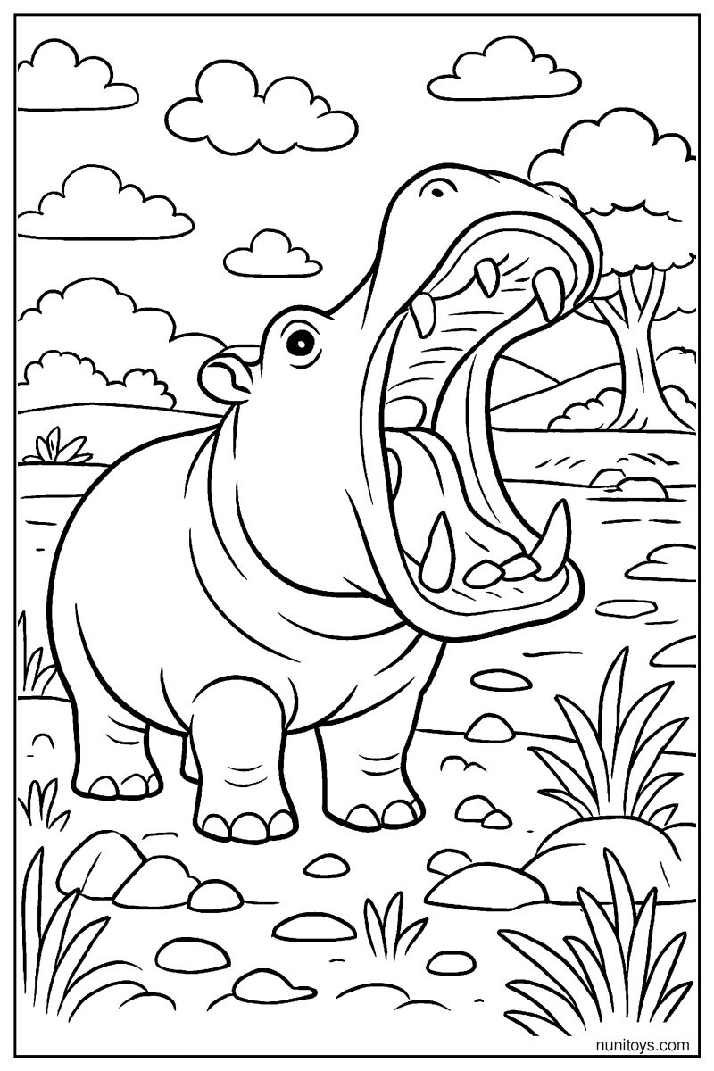Realistic Hippo Opening Mouth Wide Coloring Page