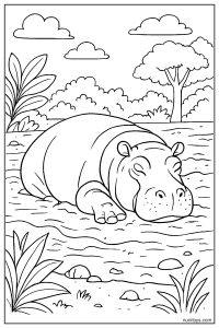 Realistic Hippo Resting by the Muddy Riverbank Coloring Page