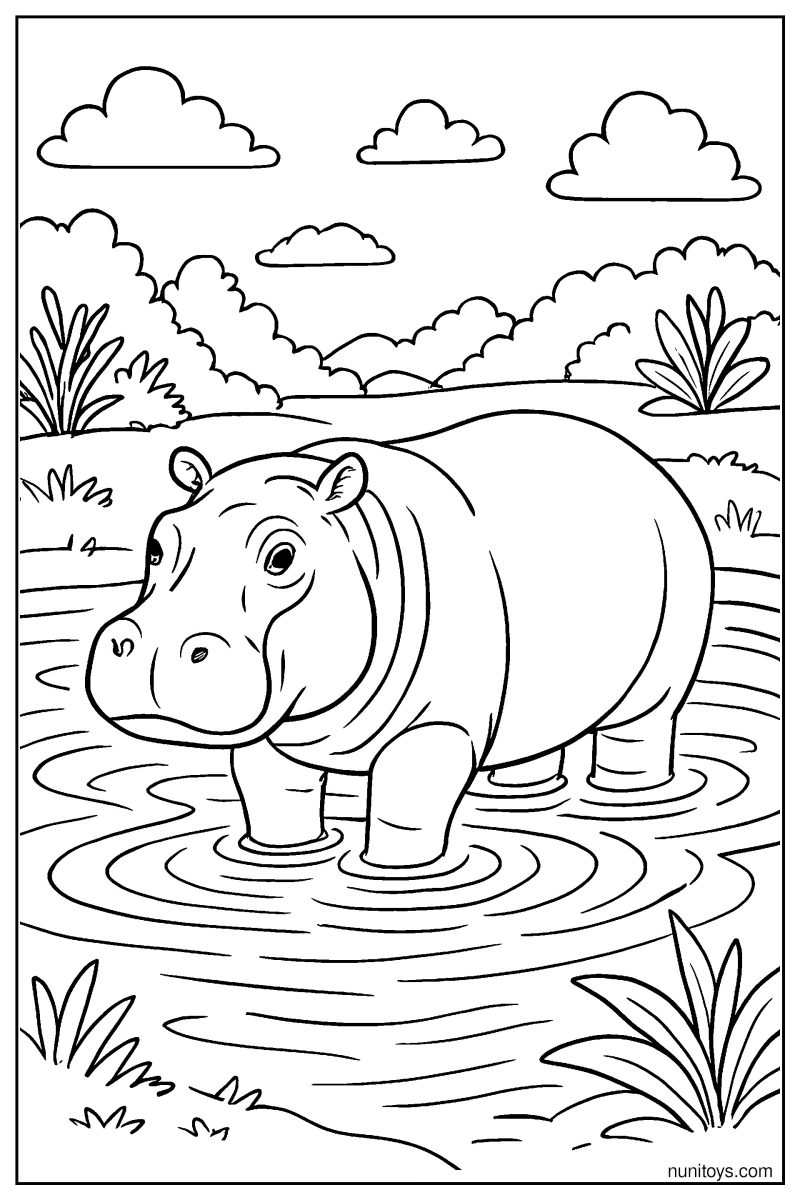 Realistic Hippo Standing in River Coloring Page