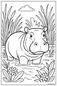 Realistic Hippo Among Reeds Coloring Page