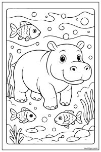 Underwater Realistic Hippo with Fish and Bubbles Coloring Page