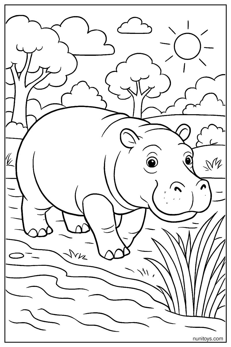 Realistic Hippo Walking Along River Shore Coloring Page