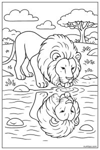 Realistic Lion Drinking Water from River Coloring Page