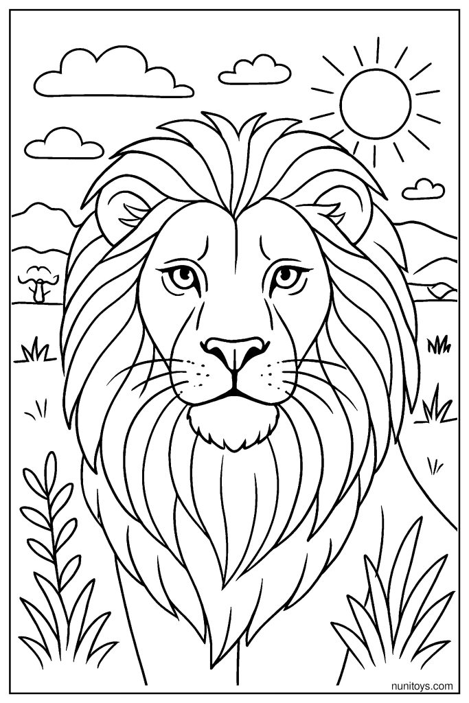 Realistic Lion Face Coloring Page with Detailed Mane and Intense Eyes