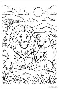 Realistic Lion Pride Resting Together in the Savanna Coloring Page