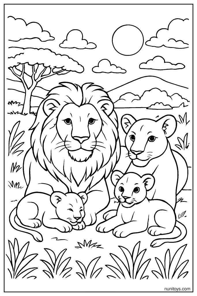 Realistic Lion Pride Resting Together in the Savanna Coloring Page