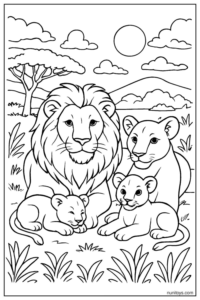 Realistic Lion Pride Resting Together in the Savanna Coloring Page