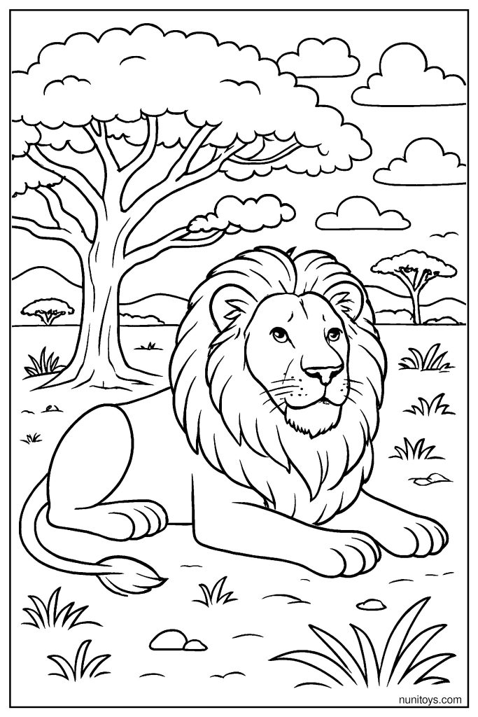 Realistic Lion Resting Under a Shade Tree Coloring Page