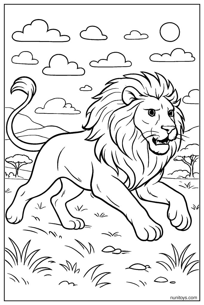 Realistic Lion Running Across Open Plains Coloring Page