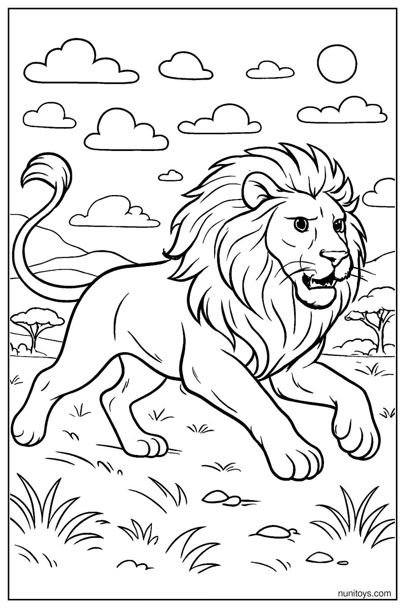Realistic Lion Running Across Open Plains Coloring Page