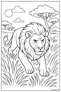Realistic Lion Stalking Prey Through Tall Grass Coloring Page