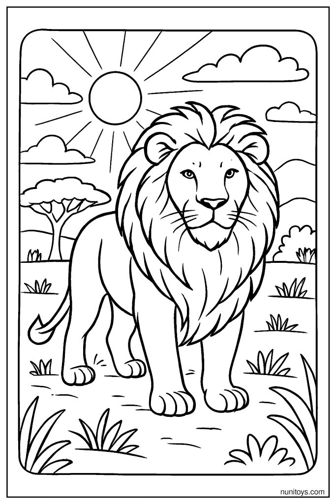 Realistic Lion Standing in Sunset Light Coloring Page