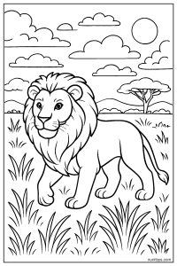 Realistic Lion Walking Through the Savanna Coloring Page