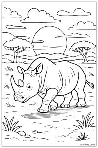 Realistic Rhino Crossing the Dry Savanna at Golden Sunset