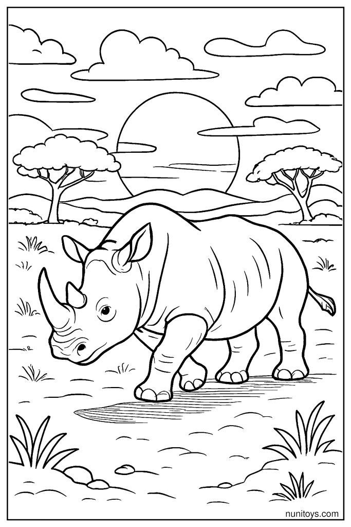 Realistic Rhino Crossing the Dry Savanna at Golden Sunset