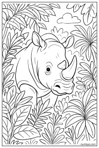 Realistic Rhino Emerging from Dense Jungle Vegetation Coloring Page