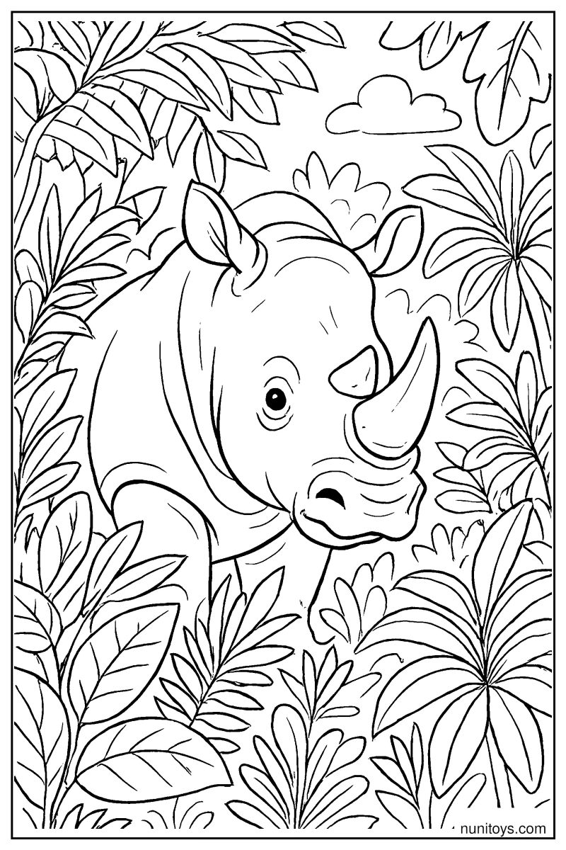Realistic Rhino Emerging from Dense Jungle Vegetation Coloring Page