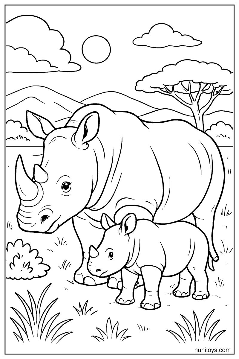 Realistic Rhino Protecting Its Calf in Open Wilderness Coloring Page