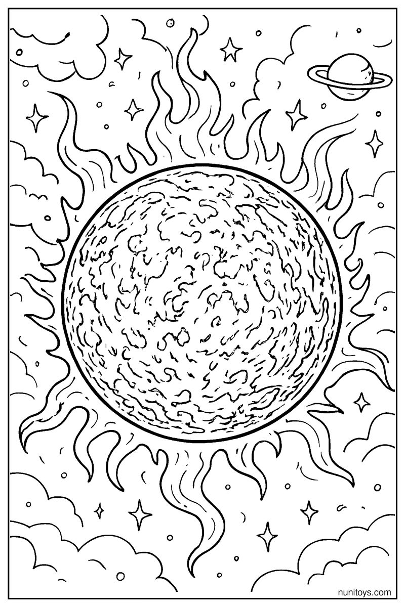 Realistic Sun Surface Coloring Page with Solar Flares