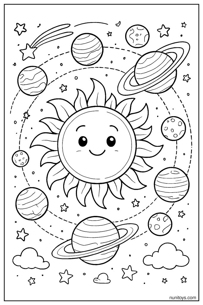 Realistic Sun and Planets Orbiting Coloring Page