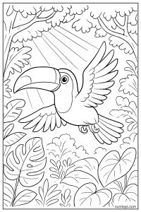 Realistic Toucan Flying Through Jungle Canopy Coloring Page