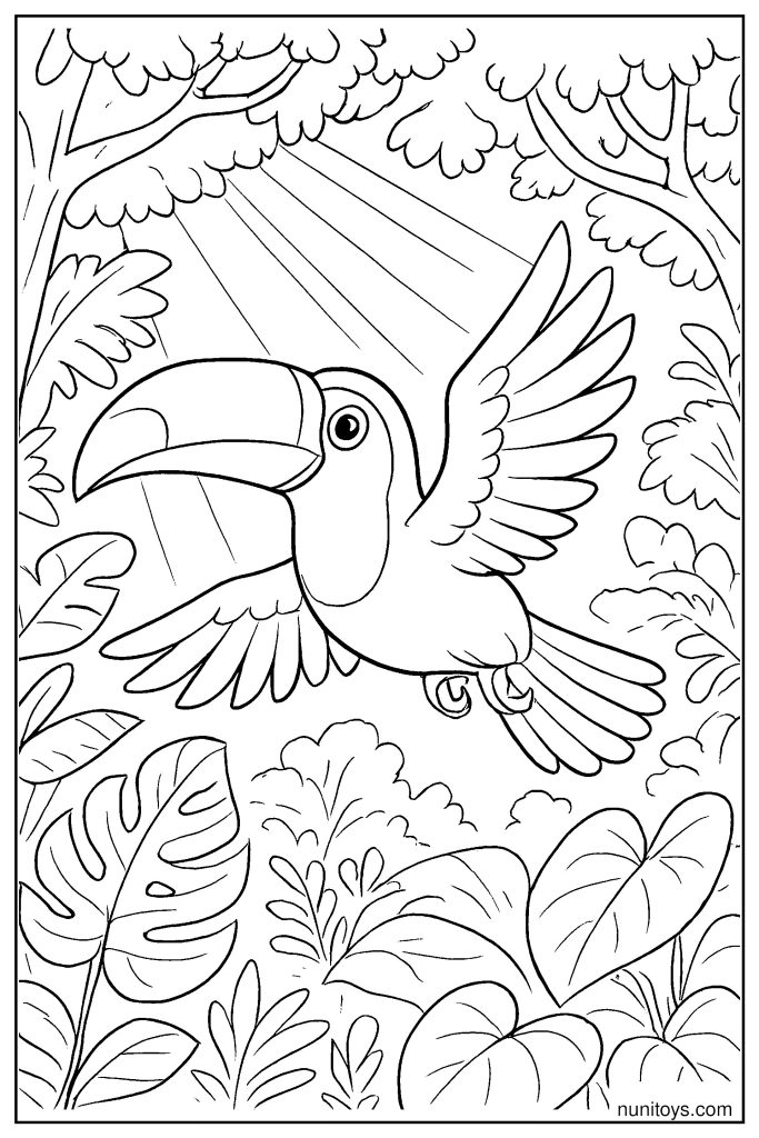 Realistic Toucan Flying Through Jungle Canopy Coloring Page