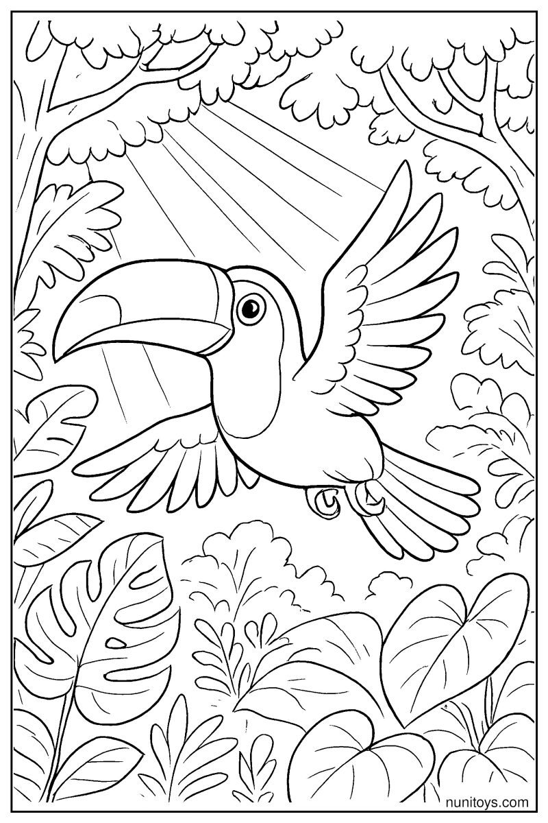 Realistic Toucan Flying Through Jungle Canopy Coloring Page