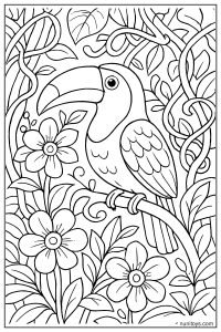 Realistic Toucan Hidden Among Vines and Flowers in Jungle Scene Coloring Page