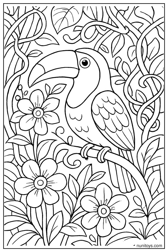 Realistic Toucan Hidden Among Vines and Flowers in Jungle Scene Coloring Page