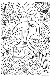 Realistic Toucan by a Waterfall Coloring Page