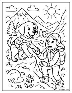 דף צביעה של כלב חילוץ עוזר למטייל בהרים