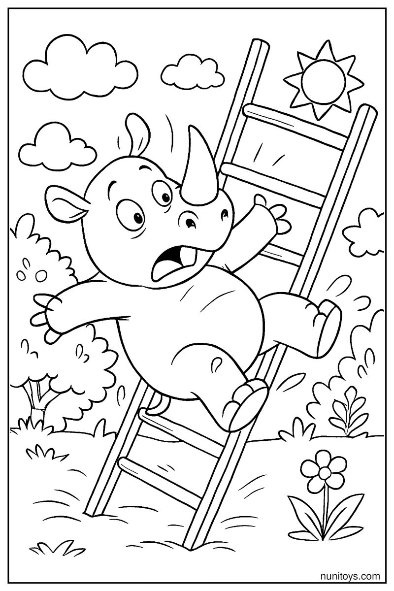 Rhino Climbing a Wobbly Ladder Coloring Page