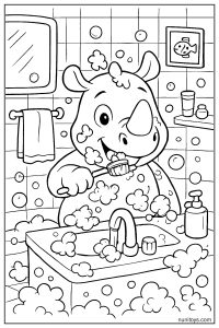 Rhino Brushing Teeth in a Foamy Bathroom Coloring Page
