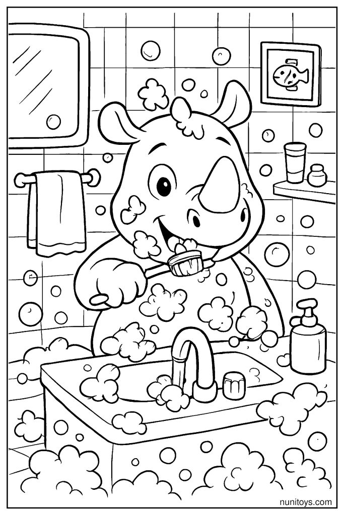 Rhino Brushing Teeth in a Foamy Bathroom Coloring Page