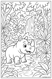 Rhino Discovering a Hidden Waterfall Behind Dense Tropical Plants Coloring Page