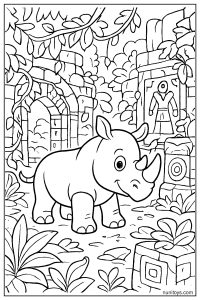 Rhino Exploring Ancient Ruins with Vines and Hidden Symbols Coloring Page