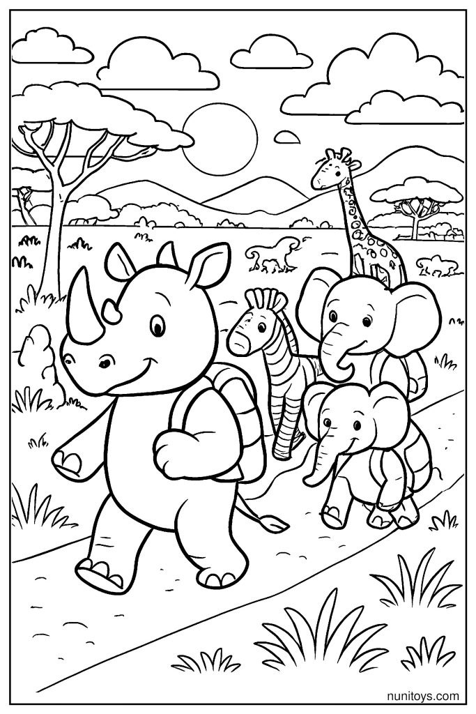 Rhino Leading Expedition Across the Wild Savanna Coloring Page