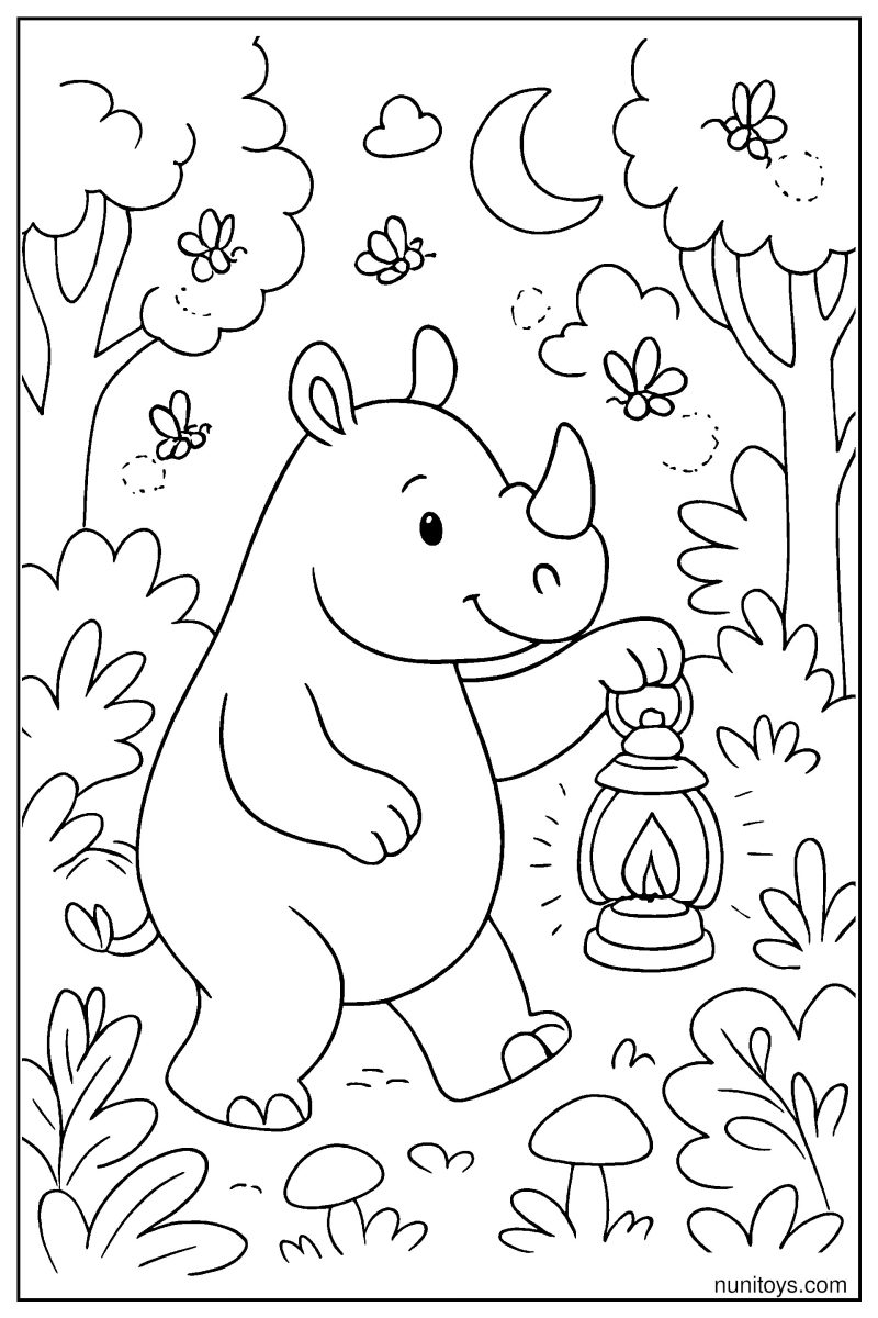 Rhino Navigating a Night Forest with Lantern Coloring Page