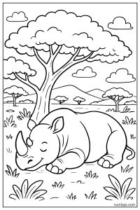 Rhino Resting in the Shade Under a Big Acacia Tree Coloring Page